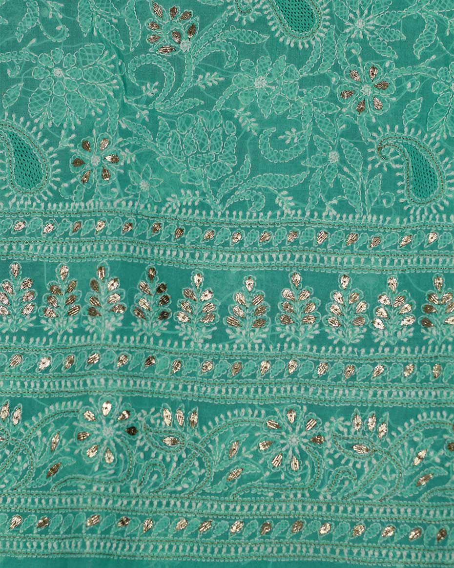 Sea Green Lucknowi Chikankari Gota Patti Work Cotton Unstitched Kurta Fabric