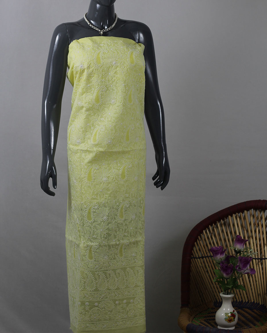 Lemon Yellow Lucknowi Chikankari Cotton Unstitched Kurta Fabric