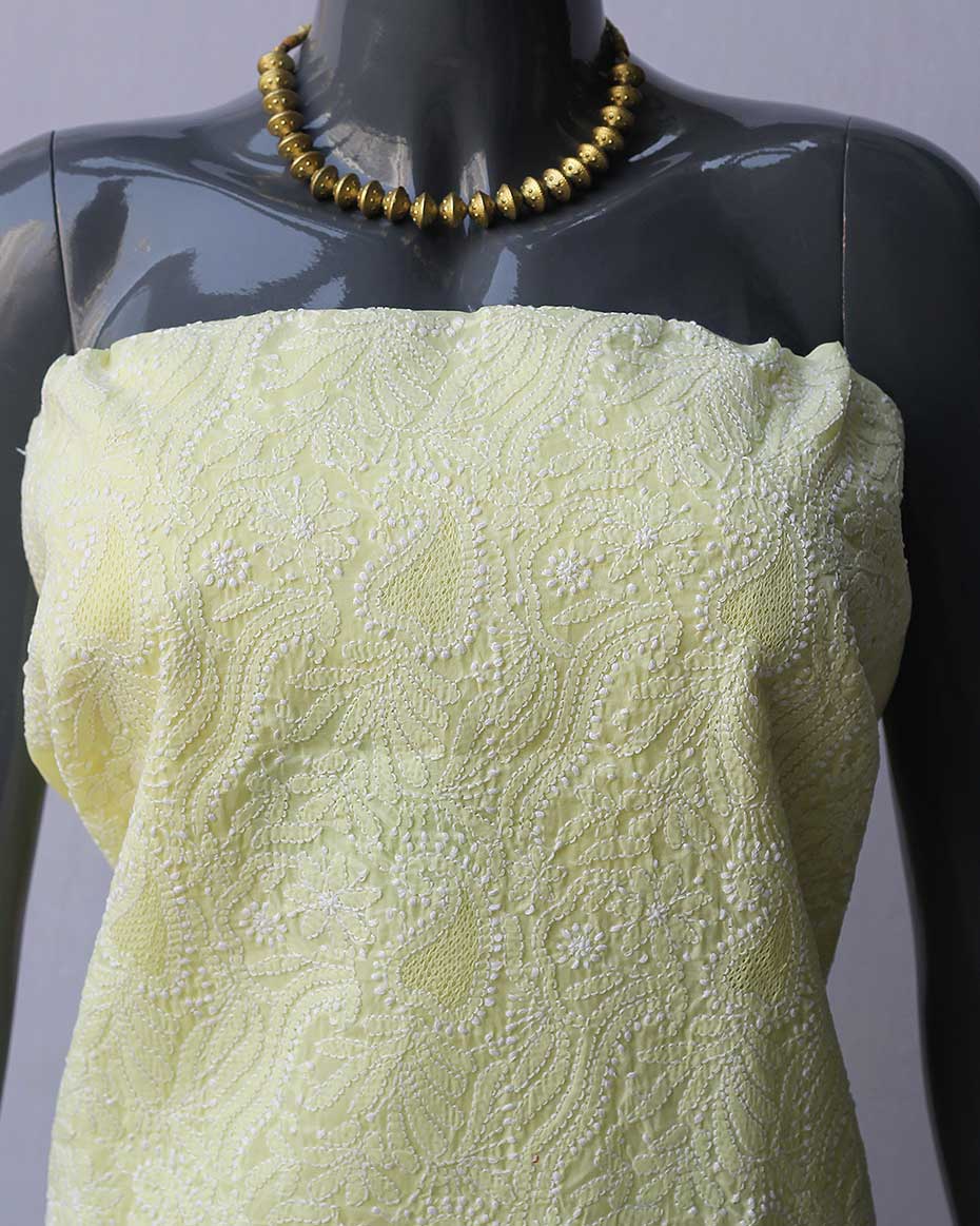 Lemon-Green Lucknowi Chikankari Cotton Unstitched Kurta Fabric