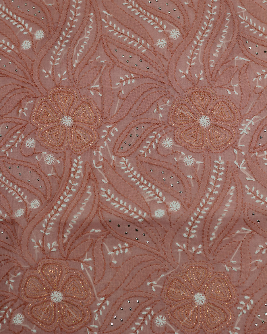 Orange Lucknowi Chikankari Aari Mukaish Work Cotton Unstitched Kurta Fabric