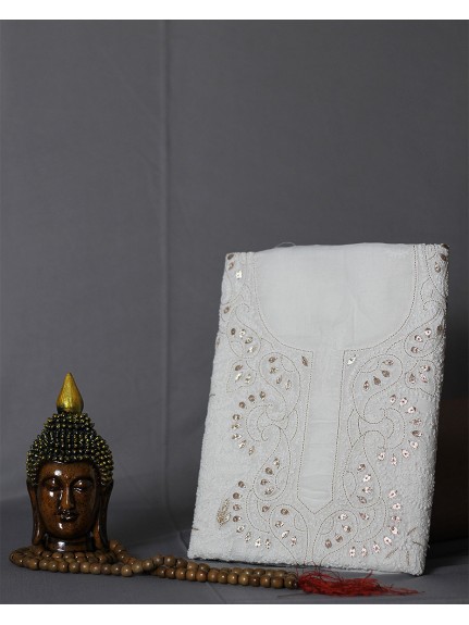 White Lucknowi Chikankari Gota Patti Work Cotton Unstitched Kurta Fabric