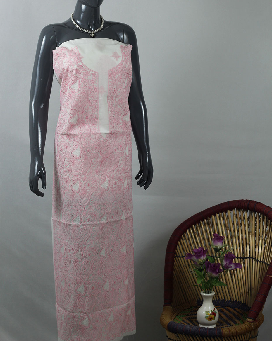 White-Pink Lucknowi Chikankari Cotton Unstitched Kurta Fabric