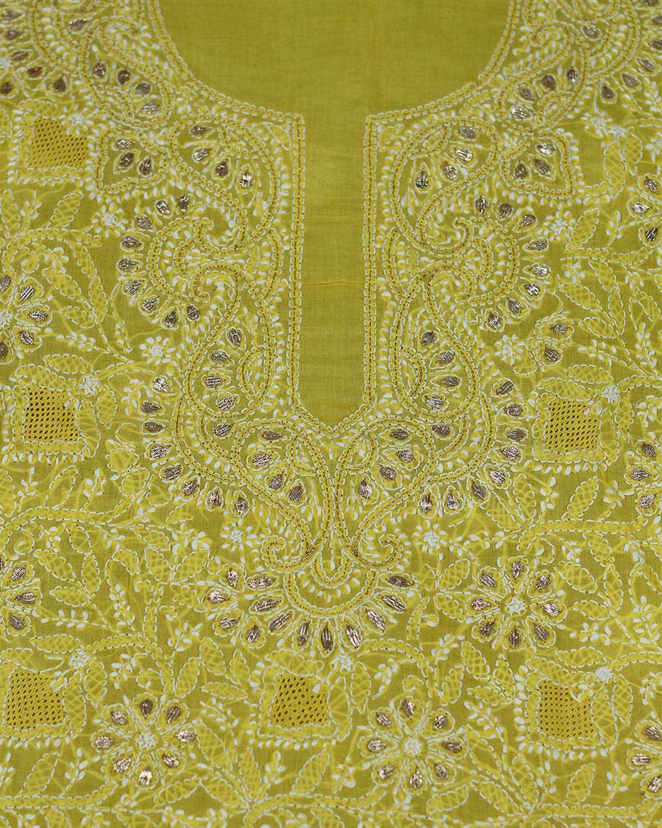 Yellow Lucknowi Chikankari Gota Patti Work Cotton Unstitched Kurta Fabric