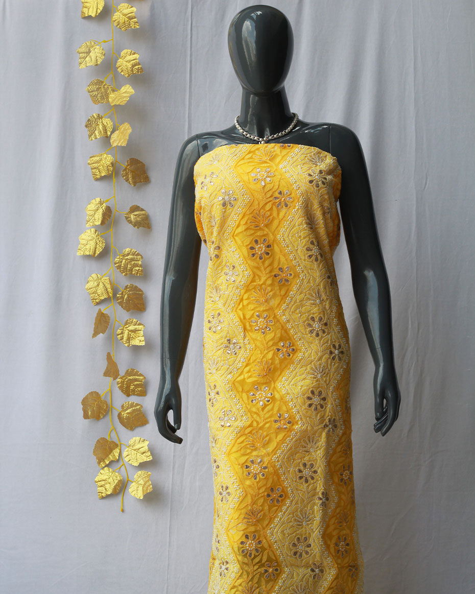 Yellow Lucknowi Chikankari Gotapatti & Net Applique Work Cotton Unstitched Kurta Fabric