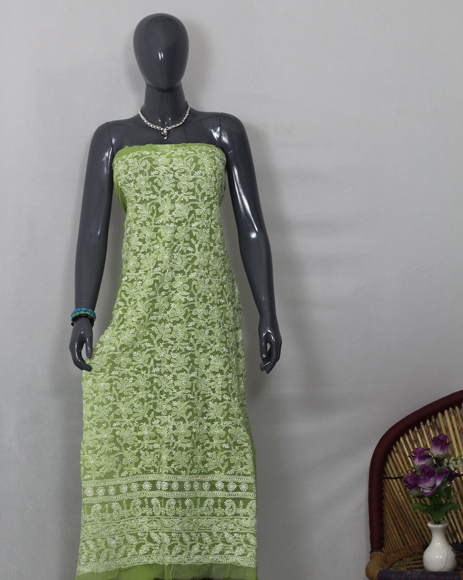 Moss Green Lucknowi Chikankari Georgette Unstitched Kurta Fabric