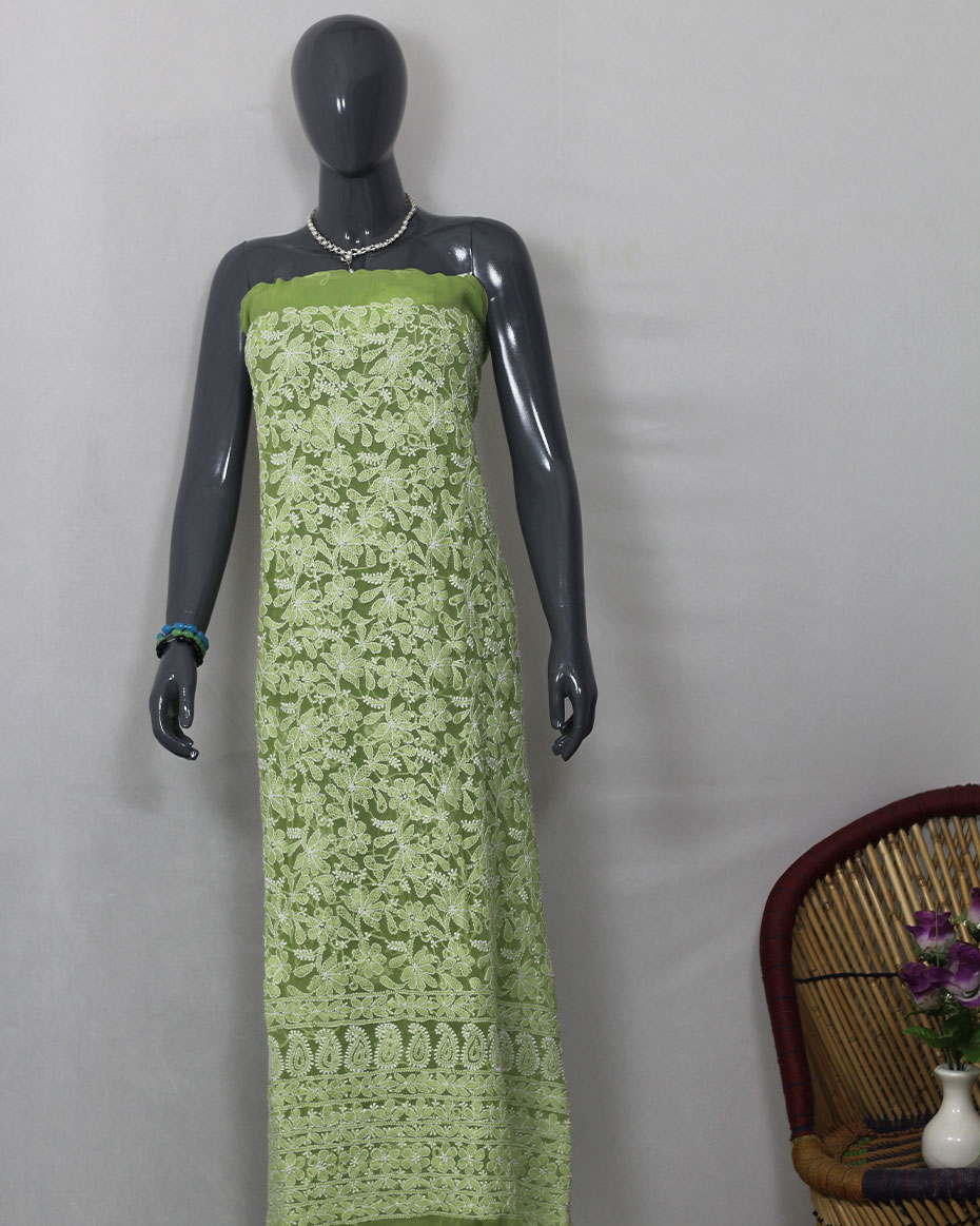 Olive Green Lucknowi Chikankari Georgette Unstitched Kurta Fabric