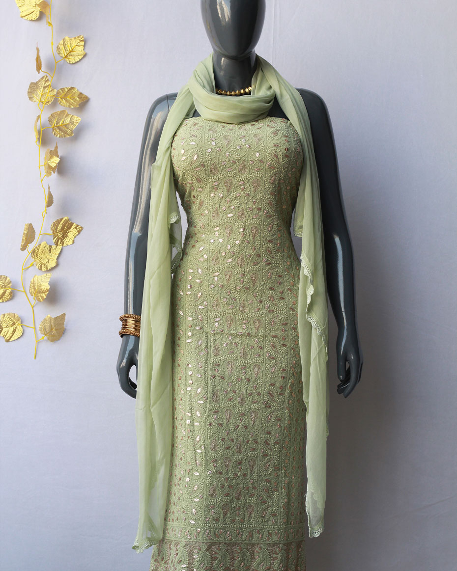 Olive Green Lucknowi Chikankari Gotapatti Work Viscose Georgette Kurta Fabric with Chiffon Dupatta (Set of 2)