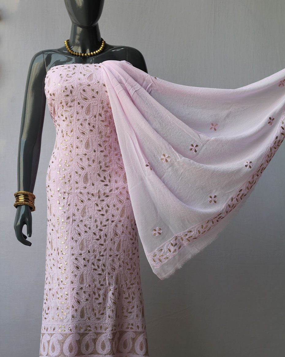 Powder Pink Lucknowi Chikankari Gotapatti Work Viscose Georgette Kurta Fabric with Viscose Georgette Dupatta (Set of 2)