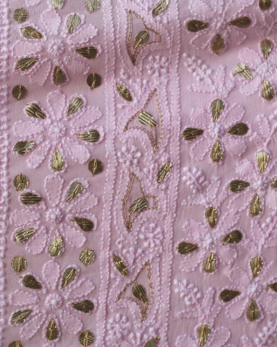 Powder Pink Lucknowi Chikankari Gotapatti Work Viscose Georgette Kurta Fabric with Chiffon Dupatta (Set of 2)