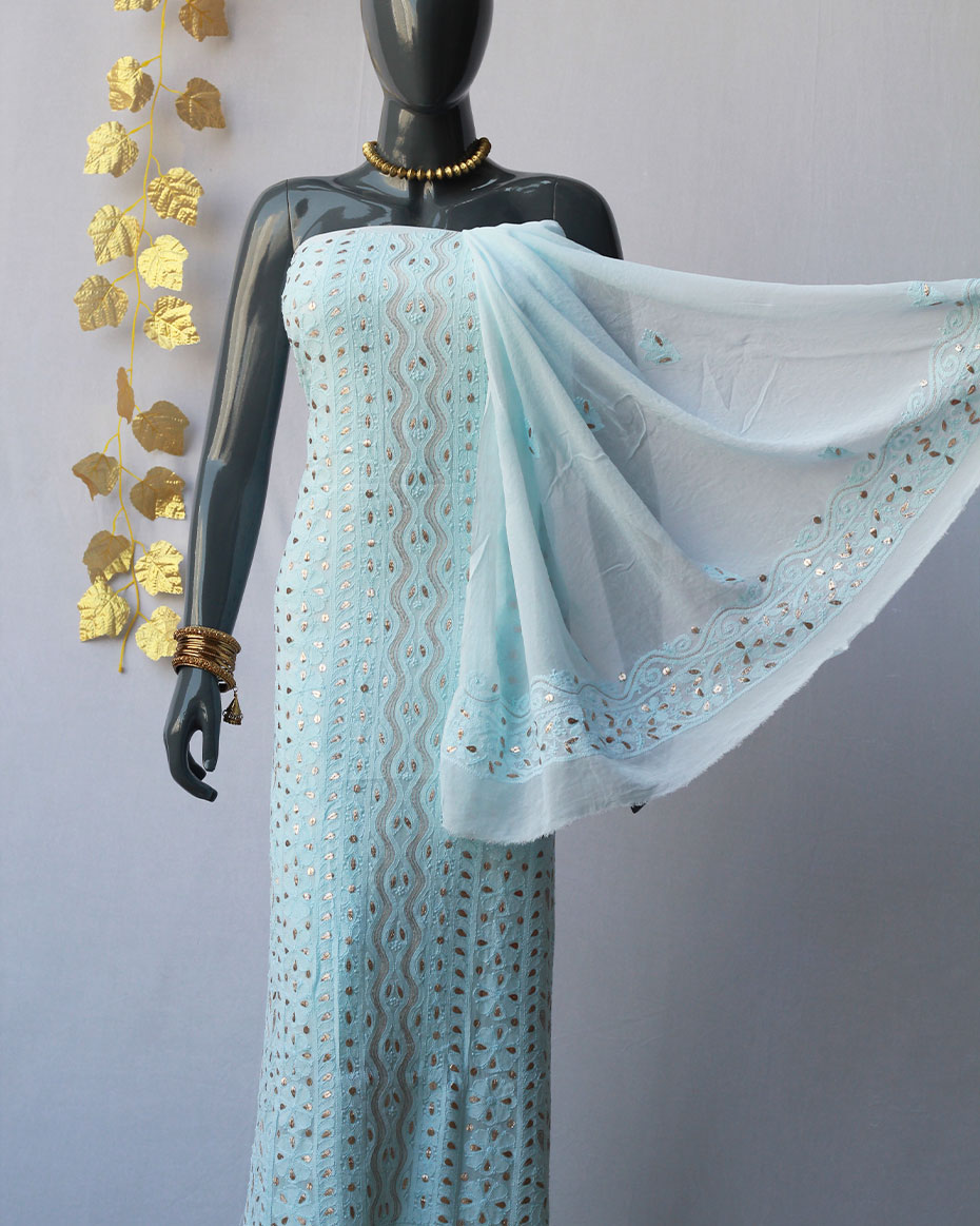 Sky Blue Lucknowi Chikankari Gotapatti Work Viscose Georgette Kurta Fabric with Dupatta (Set of 2)