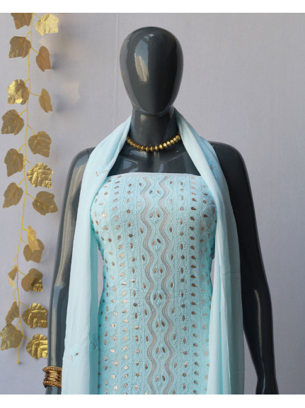 Sky Blue Lucknowi Chikankari Gotapatti Work Viscose Georgette Kurta Fabric with Dupatta (Set of 2)