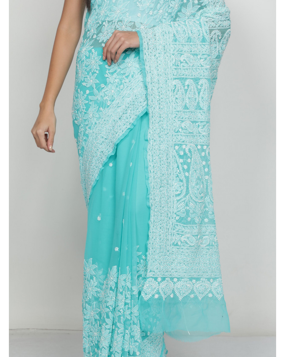 Turquoise Lucknowi Chikankari Georgette Saree with Blouse