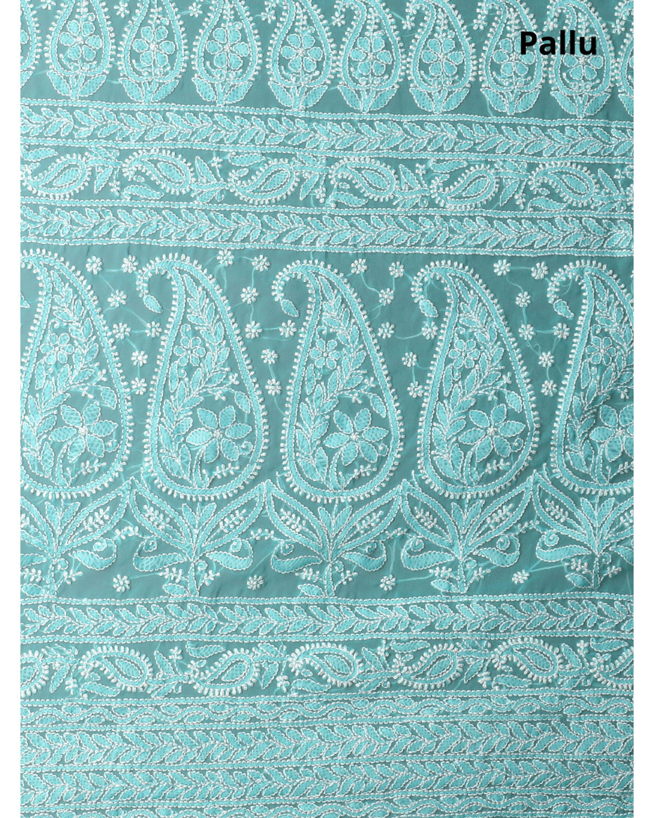 Turquoise Lucknowi Chikankari Georgette Saree with Blouse