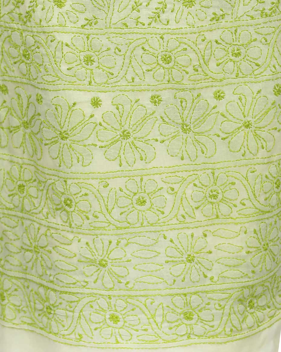 Lemon-Green Lucknowi Chikankari Cotton Unstitched Suit Set with Chiffon Dupatta (Set of 3)