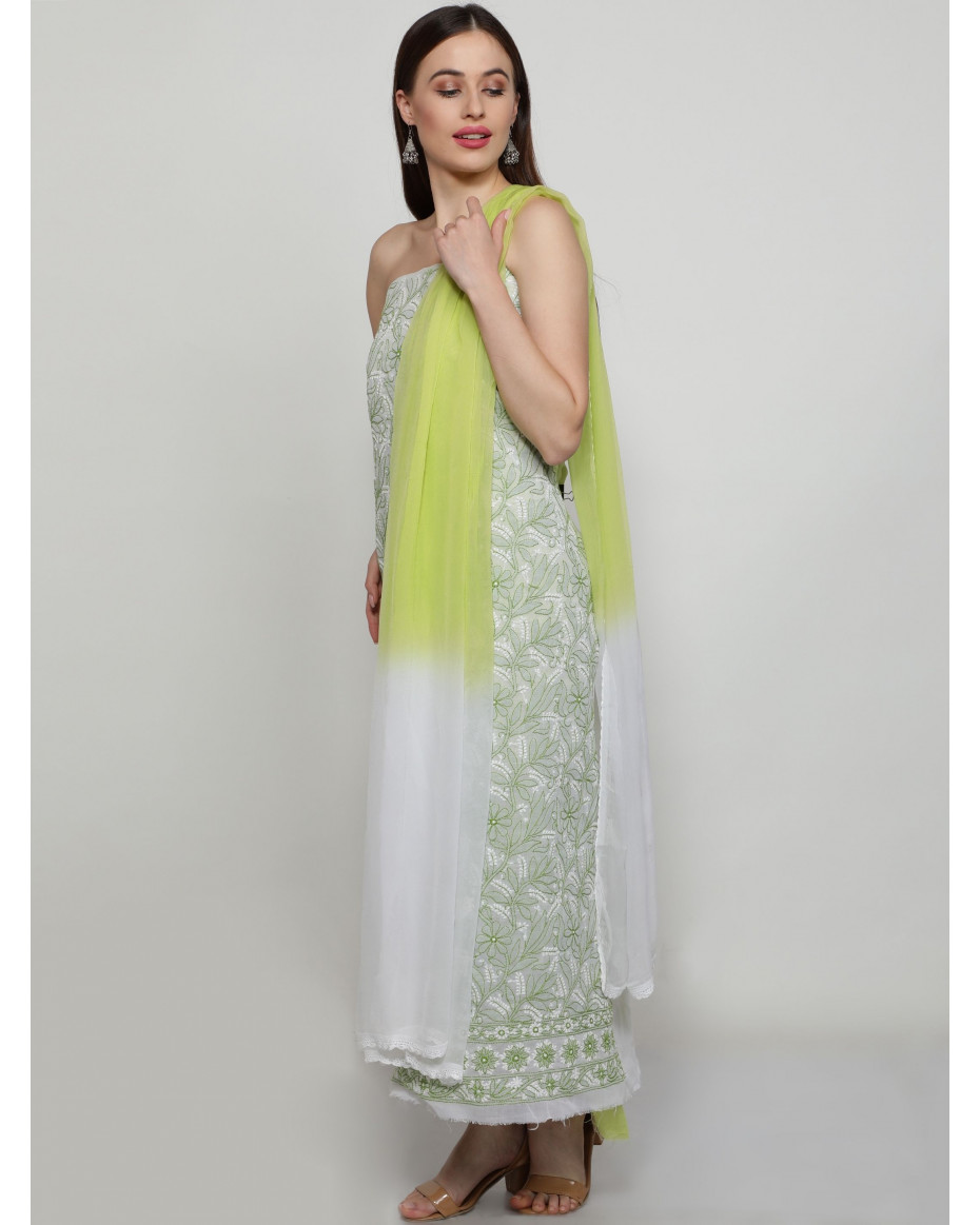 White - Green Lucknowi Chikankari Cotton Unstitched Suit Set with Chiffon Dupatta (Set of 3)